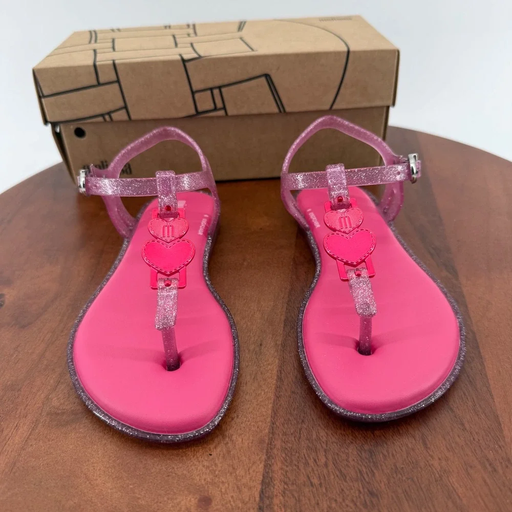 Mini Melissa Solar‎ Scented Glitter Pink Heart T-Strap Jelly Sandals Kids USA 12